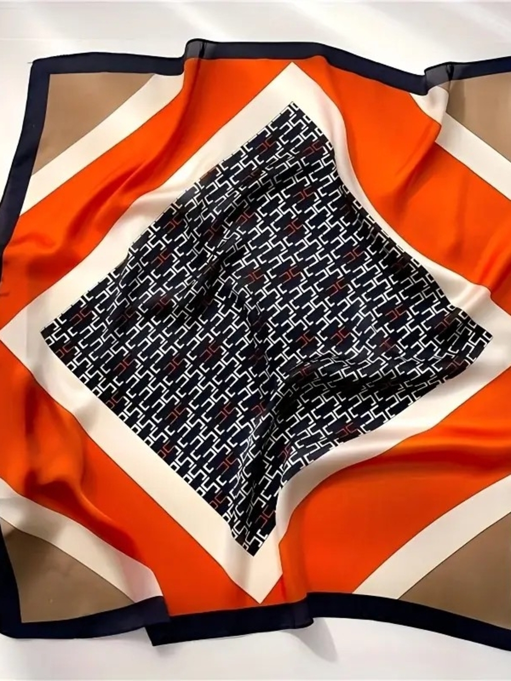 Silk-feel Geometric Print Square Scarf - Orange/Black 70*70cm
